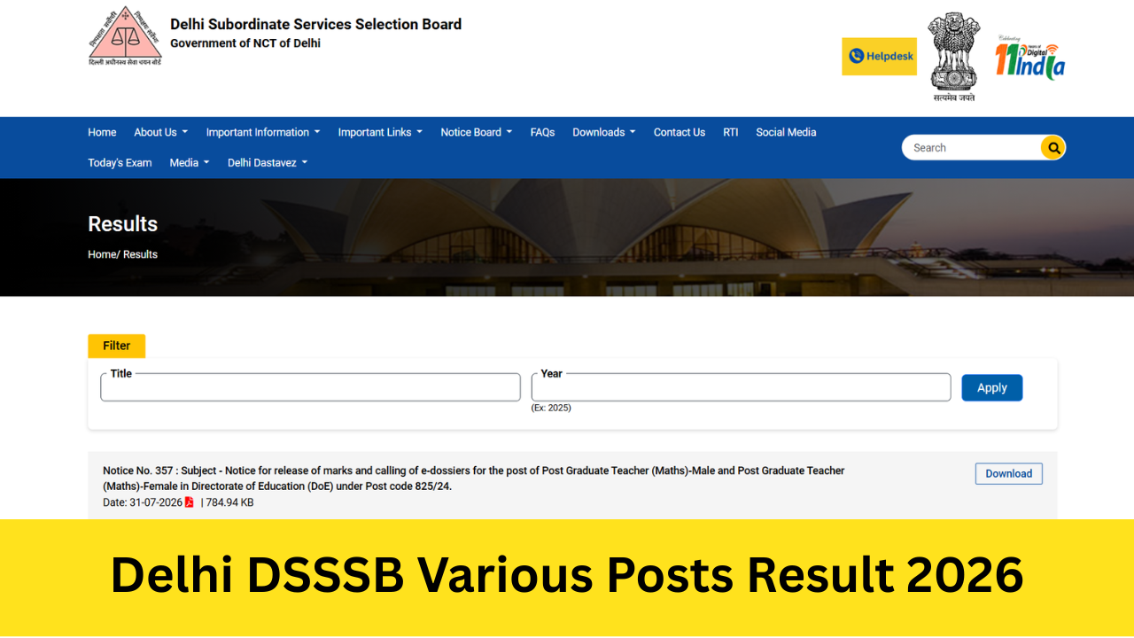 Delhi DSSSB Various Posts Result 2026: Out डीएसएसएसबी विभिन्न पदों का रिजल्ट 2026 जारी, अभी यहां से डाउनलोड करें