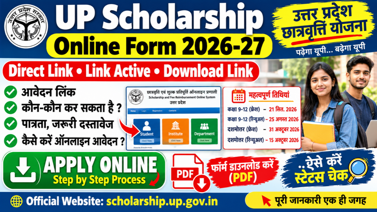 UP Scholarship Online Form 2026-27: यूपी स्कॉलरशिप ऑनलाइन आवेदन, Last Date, पात्रता और जरूरी दस्तावेज 2026